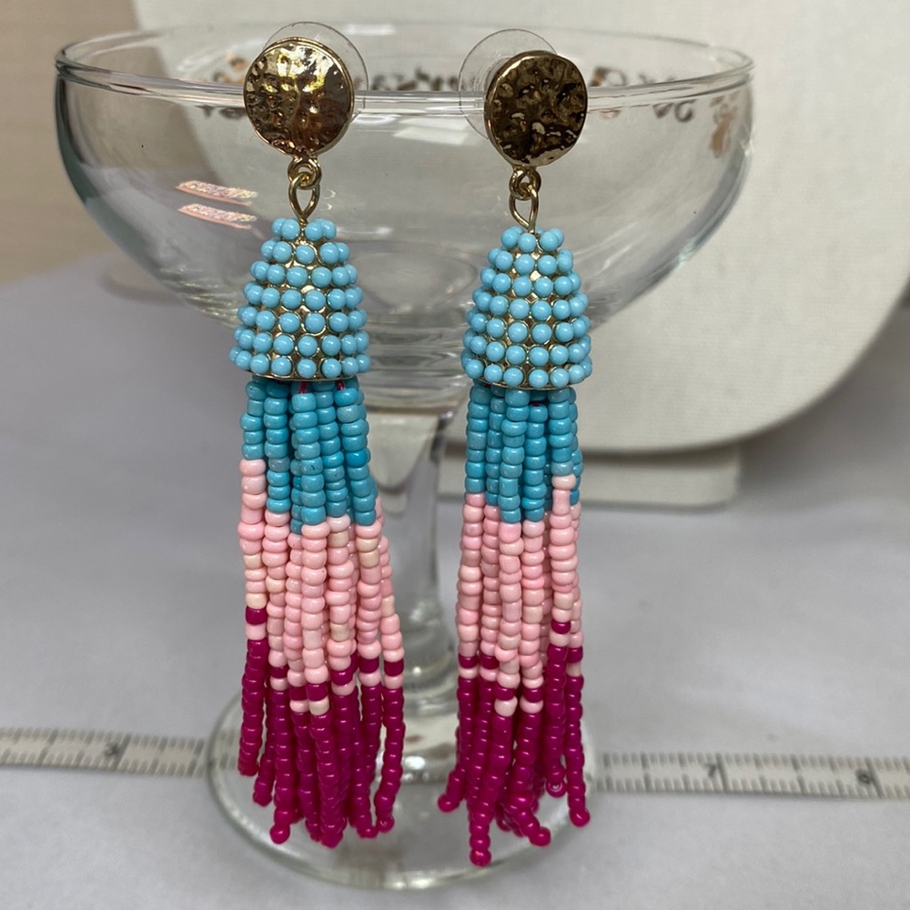 Long pink blue seed bead ombré style tassel earrings